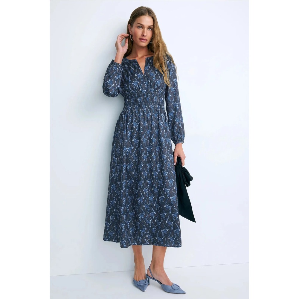 Hill House Home Rosely Dress Blue Navy Cala Paisley Smocked Midi Small